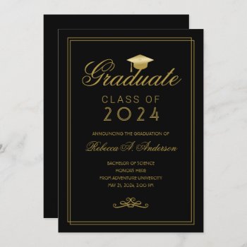Elegant Black Gold Grad Cap College Graduation Announcement by ilovedigis at Zazzle