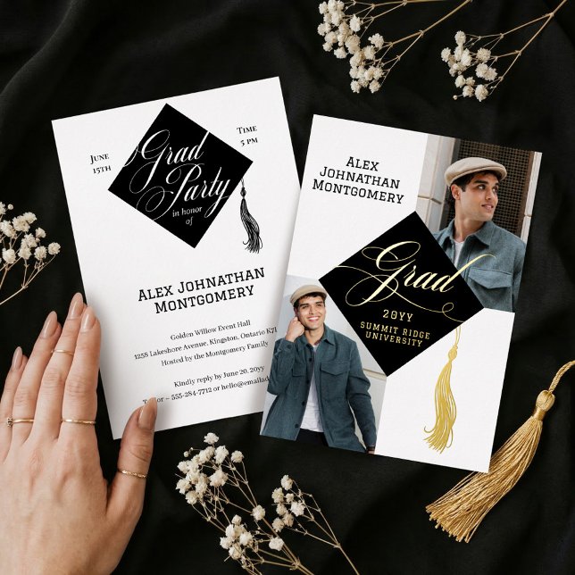 Elegant Black Gold Grad Cap Tassel Graduate Photo Foil Invitation (Elegant Black Gold Grad Cap Tassel Graduate Photo Foil Invitation)