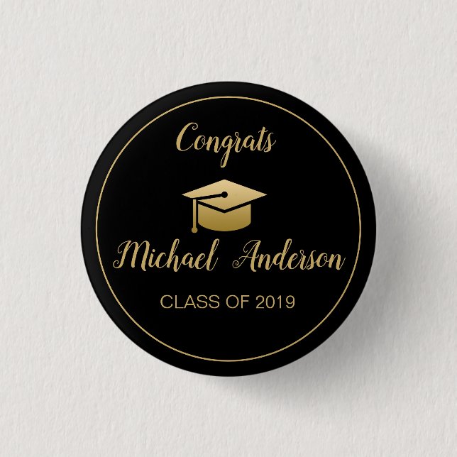 Elegant Black | Gold Graduate Cap Graduation Class Button (Front)