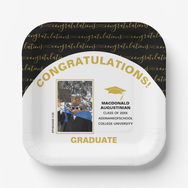 Elegant Black Gold Graduate Photo Paper Plates (Front)