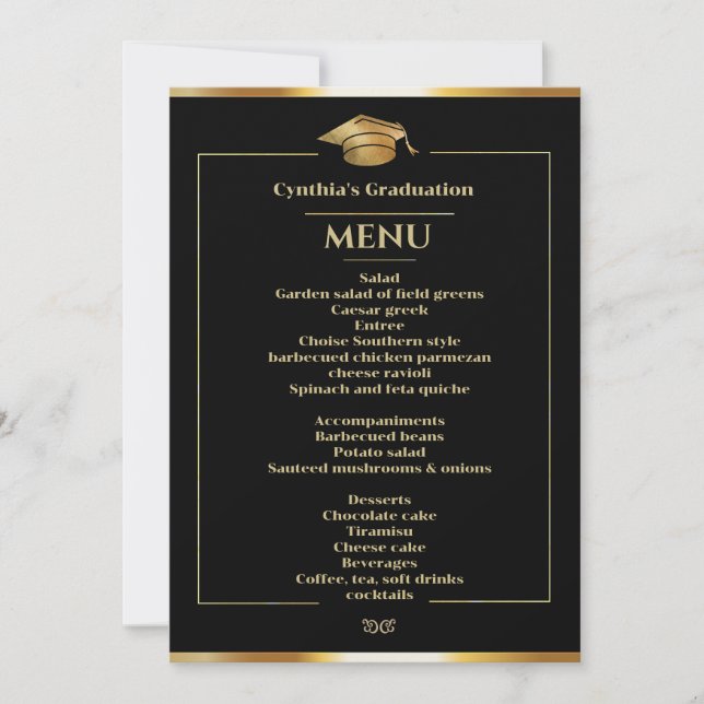 Elegant Black & Gold Graduation Dinner Menu Invitation (Front)