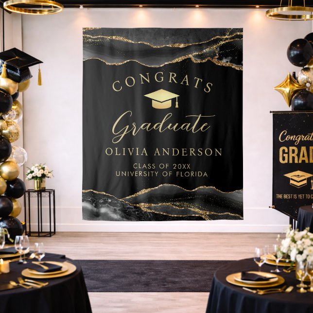 Elegant Black & Gold Graduation Party Backdrop (Modern black and Gold Agate marble congrats graduate backdrop)