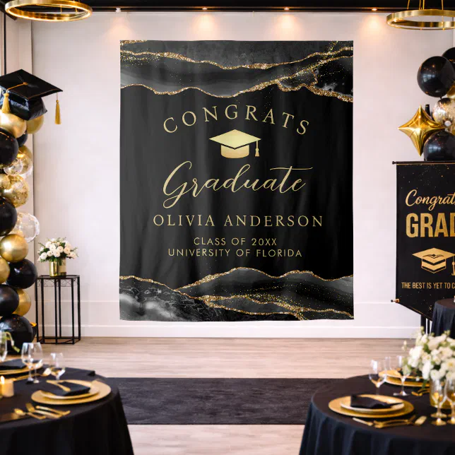 Elegant Black & Gold Graduation Party Backdrop | Zazzle