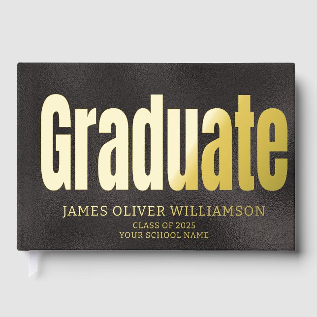 Elegant Black Gold Graduation Party Guest Foil Guest Book (Front)