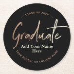 Elegant Black Gold Graduation Party Round Paper Coaster<br><div class="desc">Elegant Unisex Gold and Black Personalized Graduation Party Paper Coasters, gender neutral, for him and her, in a stylish chic template design with "graduate" text script in modern calligraphy made by faux metallic foil. You can change background in any color for best matching your college or high school branded design....</div>