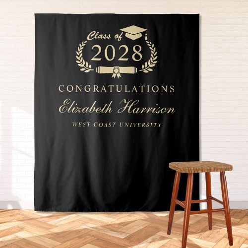 Elegant Black Gold Graduation Party Welcome Tapestry