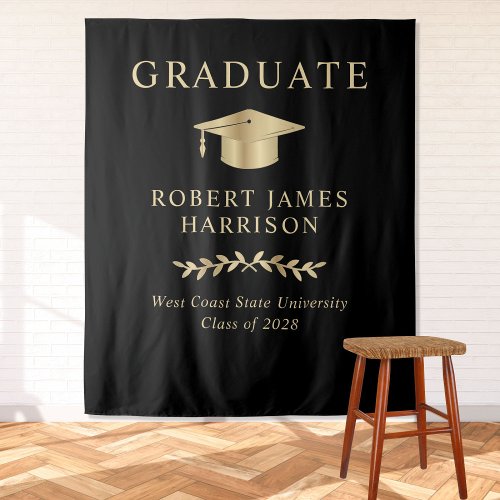 Elegant Black Gold Graduation Party Welcome Tapestry