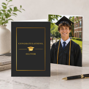 Elegant Black Gold Graduation Photo Card