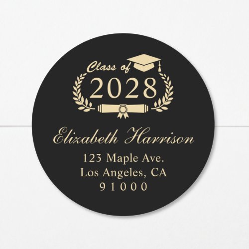 Elegant Black Gold Graduation Return Address Classic Round Sticker