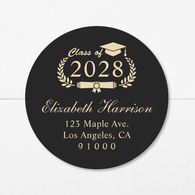 Elegant Black Gold Graduation Return Address Classic Round Sticker (Creator Uploaded)