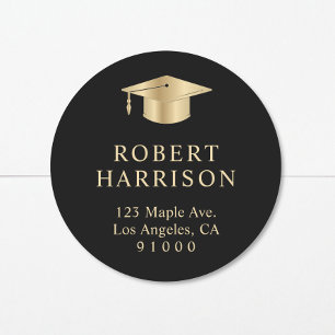 Elegant Black Gold Graduation Return Address Classic Round Sticker