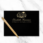 Elegant Black Gold Graduation Return Address Envelope<br><div class="desc">Elegant black and gold graduation return address envelope. The back flap features "Class of" and the year in an illustration of laurel wreath with a grad cap and diploma and the graduate's name in a formal script and address in classic modern typography.</div>