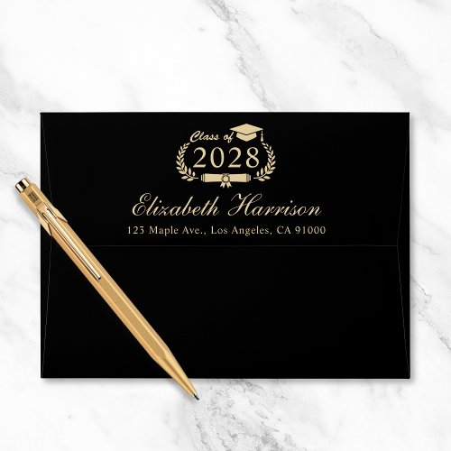 Elegant Black Gold Graduation Return Address Envelope