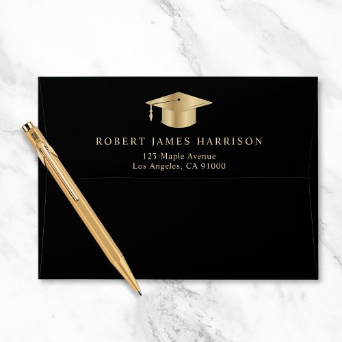 Elegant Black Gold Graduation Return Address Envelope