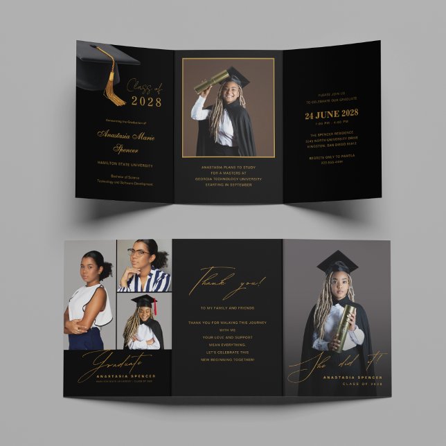 Elegant Black Gold Graduation Tri-Fold Invitation (Creator Uploaded)