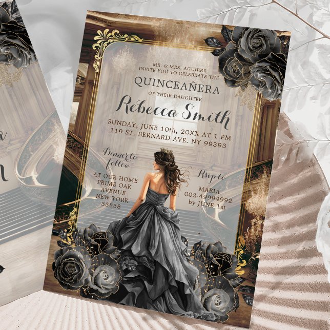 Elegant Black Gold Grand Ballroom Princess 15 Años Invitation (Creator Uploaded)