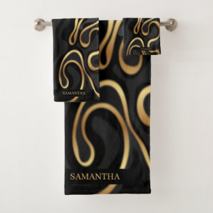 Elegant Black, Gold Gray Marble Effect Name Bath Towel Set