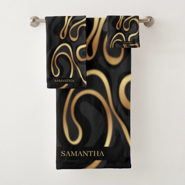 Elegant Black, Gold Gray Marble Effect Name Bath Towel Set (Insitu)