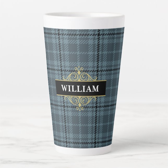 Elegant Black Gold Gray Plaid Monogram Latte Mug (Front)