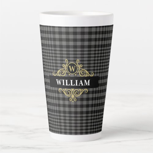 Elegant Black Gold Gray Plaid Monogram Latte Mug