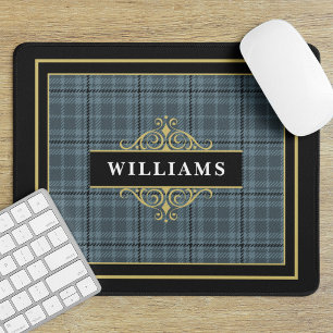 Elegant Black Gold Gray Plaid Monogram Mouse Pad