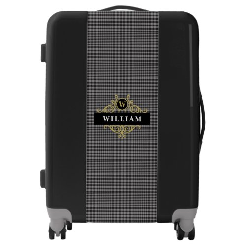 Elegant Black Gold Gray Plaid Monogram Name Luggage