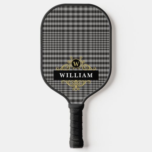 Elegant Black Gold Gray Plaid Monogram Name Pickleball Paddle