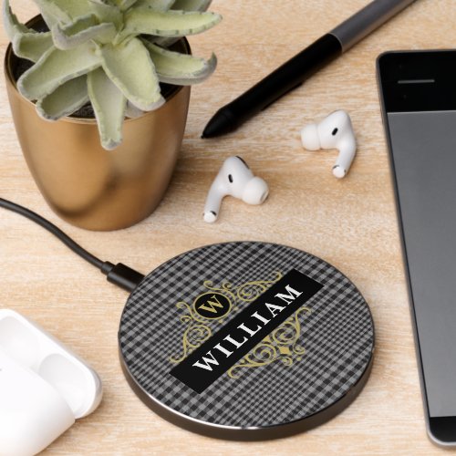 Elegant Black Gold Gray Plaid Monogram Name Wireless Charger