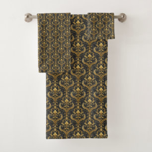 Elegant black gold gray tiled pattern bath towel set