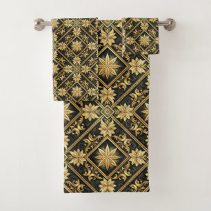 Elegant black gold gray tiled pattern bath towel set
