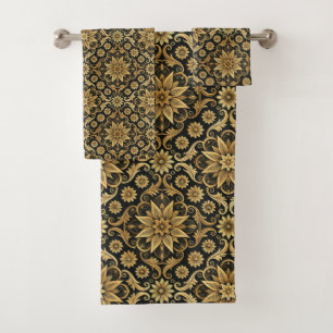 Elegant black gold gray tiled pattern bath towel set