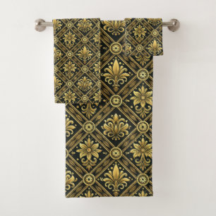 Elegant black gold gray tiled pattern bath towel set
