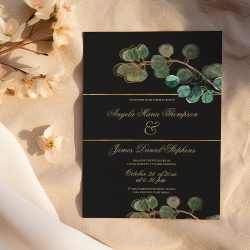 Elegant black gold green eucalyptus leaves wedding invitation