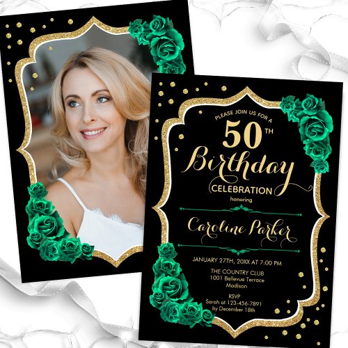 Elegant Black Gold Green Photo 50th Birthday Invitation