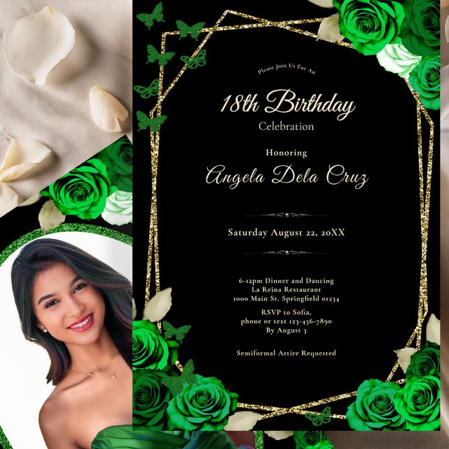 Elegant Black Gold Green Rose 18th Birthday Debut  Invitation (Creator Uploaded)