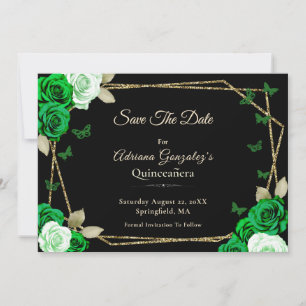 Elegant Black Gold Green Roses Quinceanera Save The Date