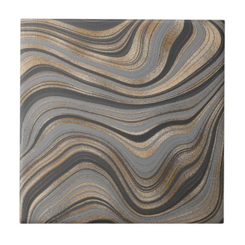 Elegant Black gold grey agate fluid marble Ceramic Tile