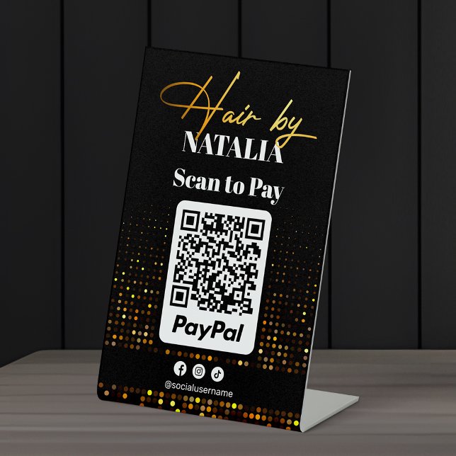 Elegant Black Gold Hair Salon Paypal Scan to Pay Pedestal Sign (Creator Uploaded)