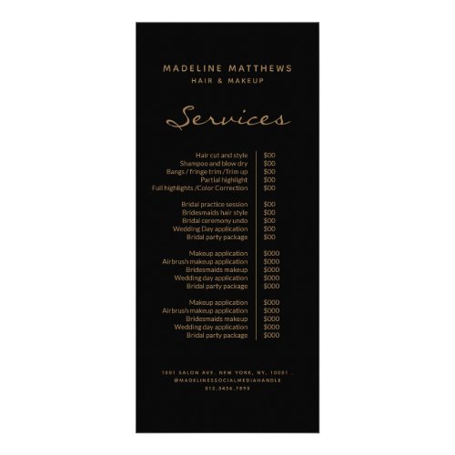 Elegant Black Gold Hair Stylist Service Price List Rack Card