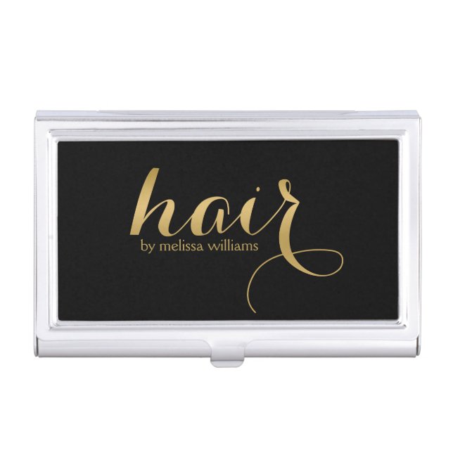 Elegant Black & Gold Hair Text Design Business Card Case (Front)