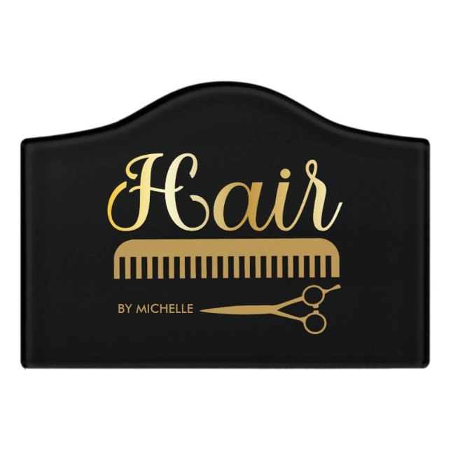 Elegant Black gold Hairstylist Salon  Door Sign (Small Crest Front)