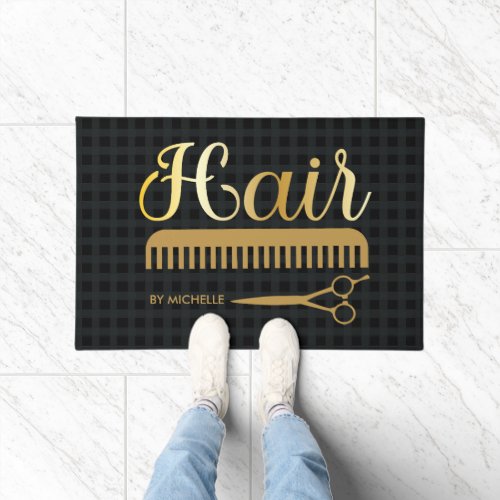 Elegant Black gold Hairstylist Salon Name Doormat