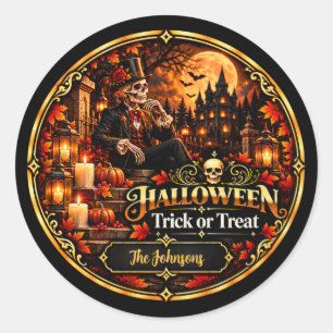 Elegant Black Gold Halloween Trick or Treat Gift Classic Round Sticker