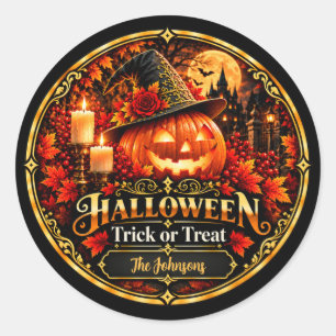 Elegant Black Gold Halloween Trick or Treat Gift Classic Round Sticker