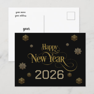 Elegant Black Gold Happy New Year 2026 snowflakes Postcard
