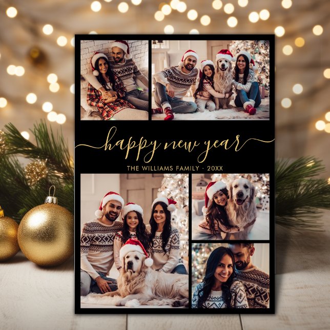 Elegant Black Gold Happy New Year 5 Photo Collage Holiday Card (Creator Uploaded)