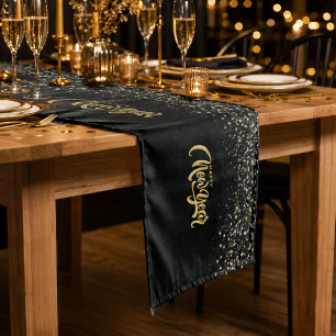 Elegant Black Gold Happy New Year Medium Table Runner