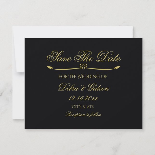 Elegant Black Gold Heart Flourish Save the Date (Front)