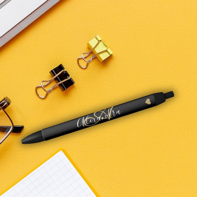 Elegant Black Gold Heart Script Name Monogram Pen (Elegant Black Gold Heart Script Name Monogram Blac Black Ink)