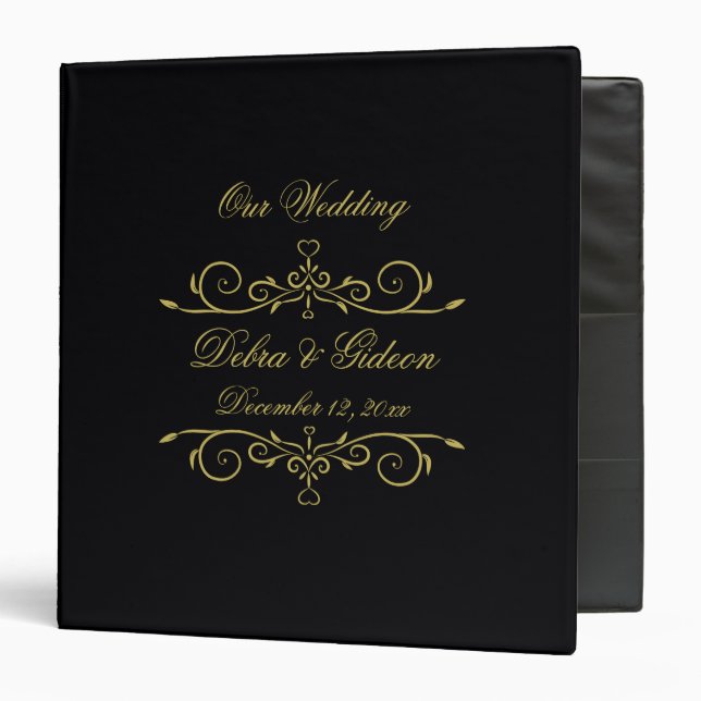 Elegant Black Gold Heart Wedding Photo Album 3 Ring Binder (Front/Inside)